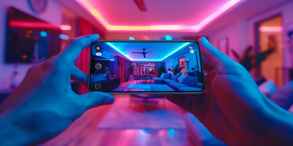 Tablet exibindo tour virtual 360° de imóvel